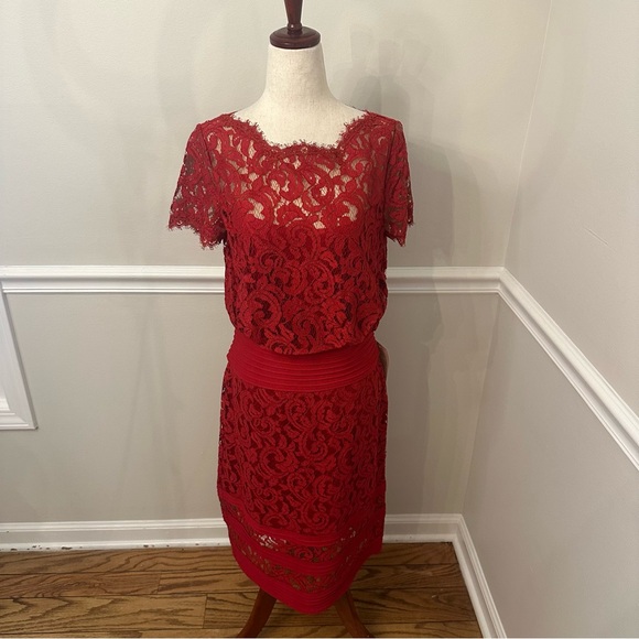 NWT Tadashi shoji red lace overlay dress- Size 10 - Picture 1 of 5